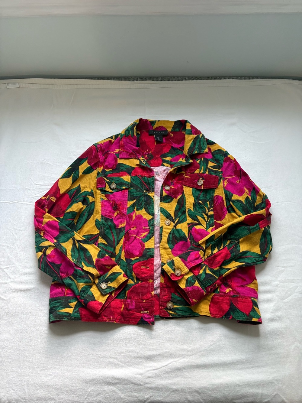 Tahari Floral Jean Jacket in Yellow, Pink & Green